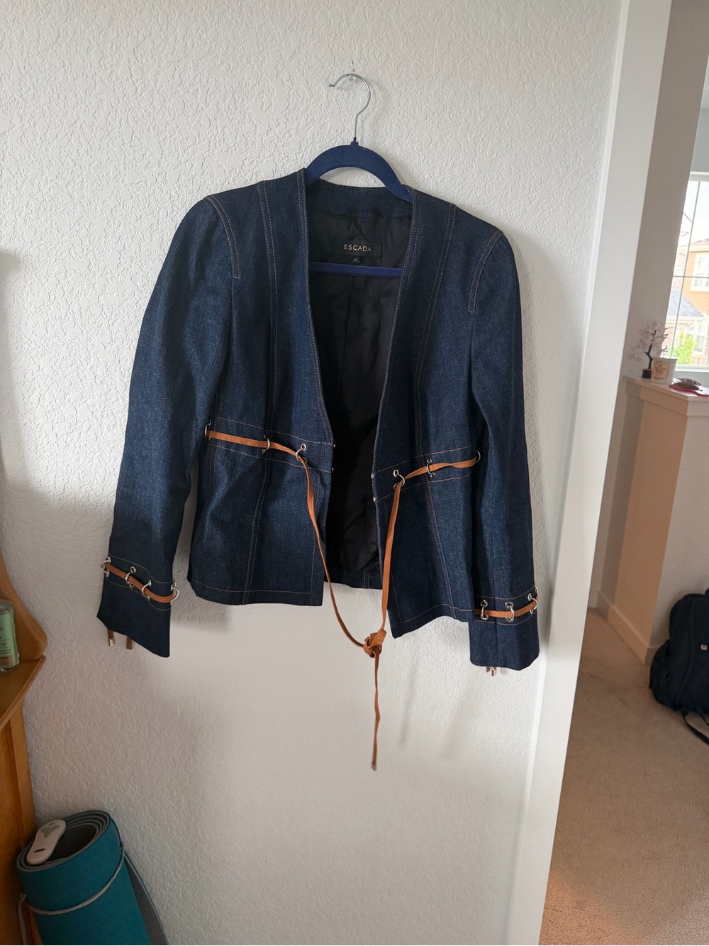Escada Navy Denim Blazer with Tan Leather Trim